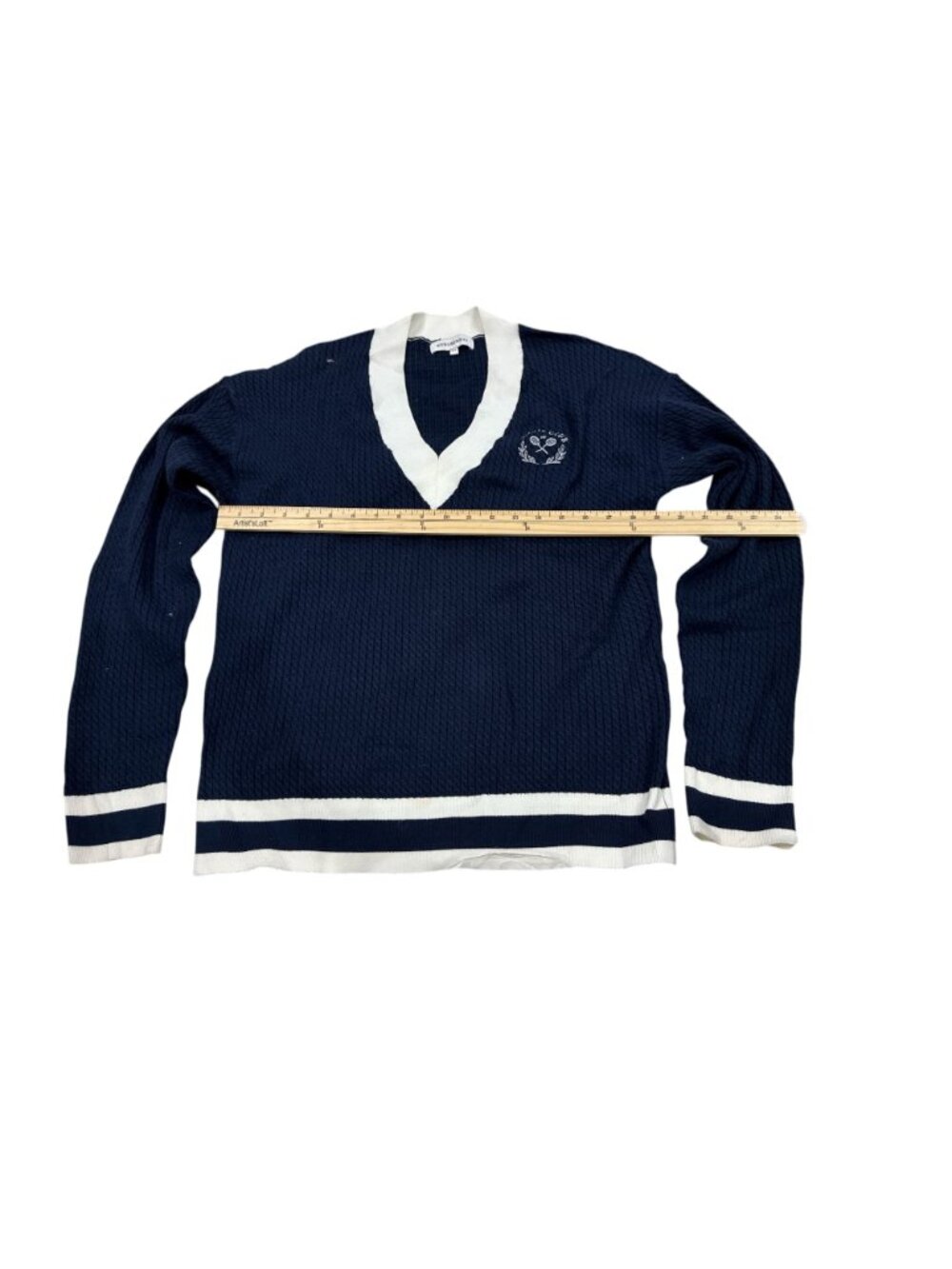WeWoreWhat Tennis Club Knit Sweater Navy/White XS/S Long Sleeve Pullover V-Neck - Picture 9 of 9